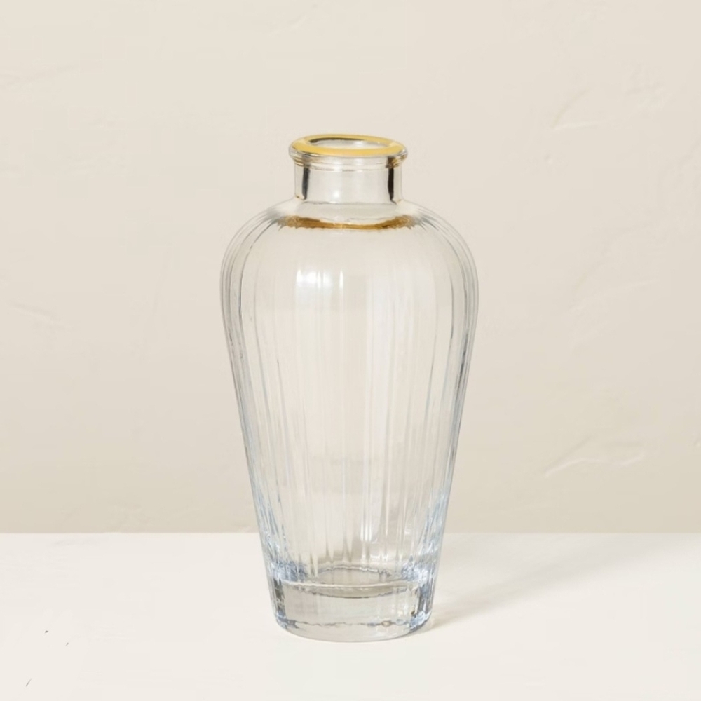 Hearth & Hand With Magnolia 9" Fluted Clear Glass Bud Vase with Gold Rim